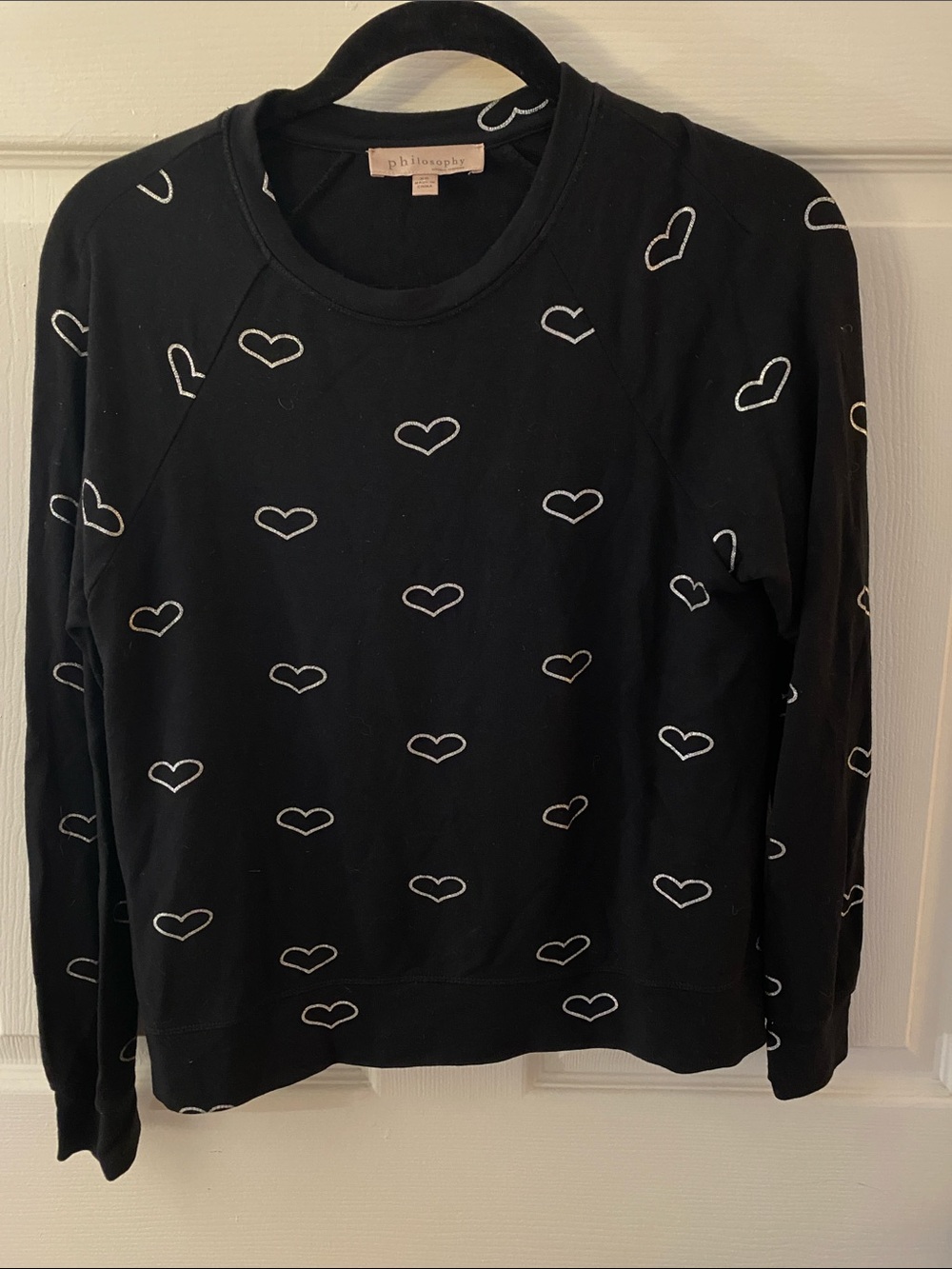 philosophy Black Sweatshirt with Silver Heart Print | Size XS